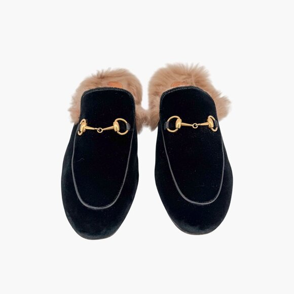Gucci Princetown Black Velvet Fur Lined Horsebit Mules Size 38.5 US 8.5 Women's - Picture 2 of 15